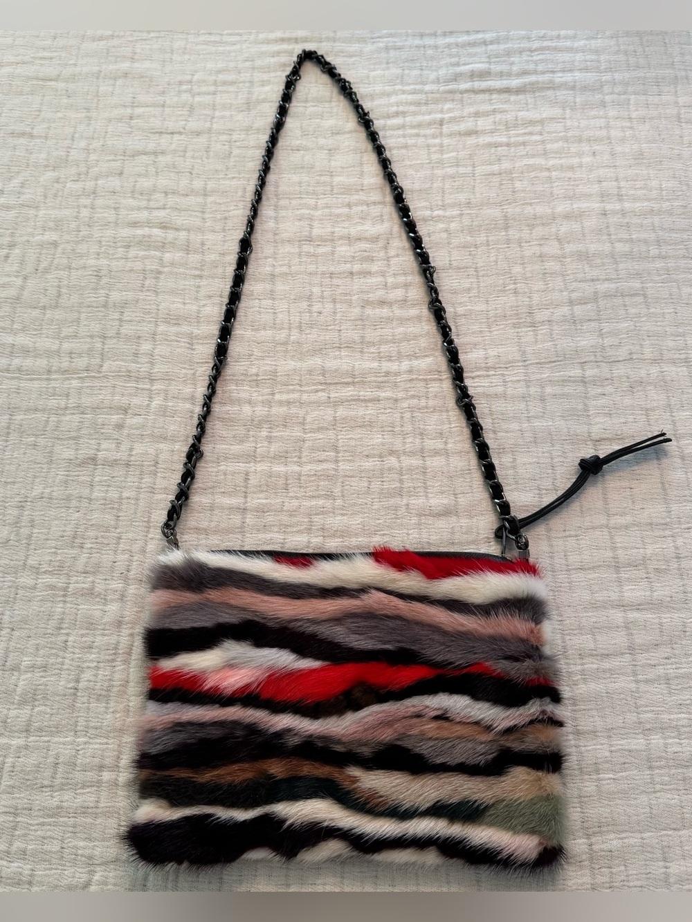 Dana Stein Colorful Rainbow Mink Fur Small Crossbody Purse Removable Straps